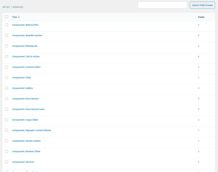 Reusable ACF content sections composing a page
